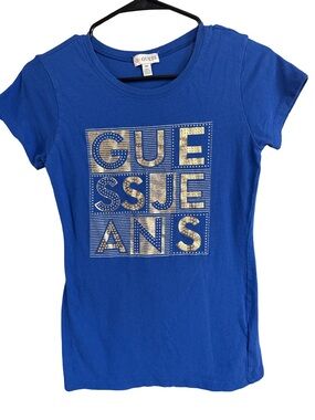 GUESS Royal Blue Short Sleeve Tee with Gold Logo Accents